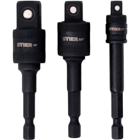 STIER Bit Adapter Satz 3-teilig, 1/4, 3/8 und 1/2 Zoll, Steckschlüssel Einsätze, Stecknüsse, Schnellverschluss System, Stecknuss Adapter, hohe Griffigkeit durch Riffelung am Schaft