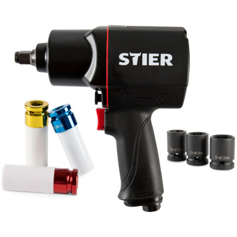 STIER Clé à Choc Pneumatique 17-BBS avec entraînement 1/2'', 8 pièces, rotation: 7.000 tr/min, plusieurs vitesses, visseuse à percussions, douilles kit