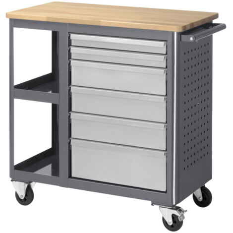 STIER Etabli mobile avec 6 tiroirs et 2 tablettes, lxPxH 960x450x950 mm, acier et hêtre, charge max. 450 kg, servante d'atelier, chariot à outils