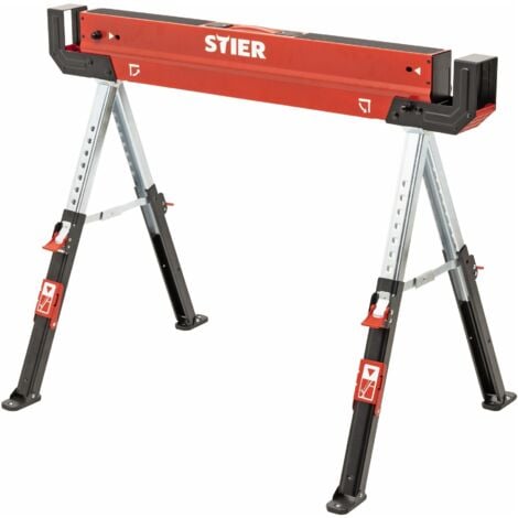 STIER Falt-Arbeitsbock Sägebock höhenverstellbar 590 kg, rutschfester Stand und Arbeits-Oberfläche, Klappbock, Arbeits-Unterstellbock, Sägebock, Metallbock, Tischbock klappbar