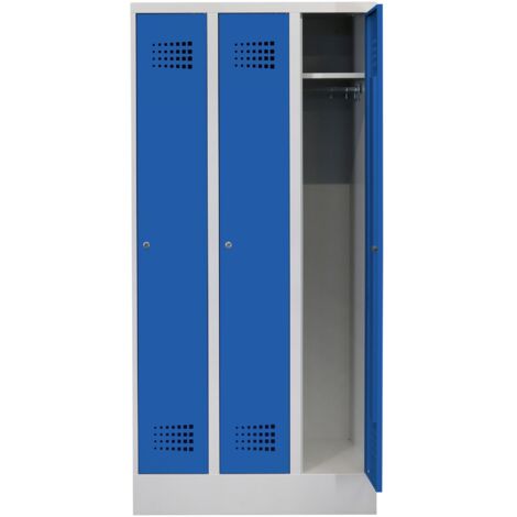 STIER Garderobenspind Premium mit Sockel 3 Abteile Zylinderschloss lichtgrau/enzianblau