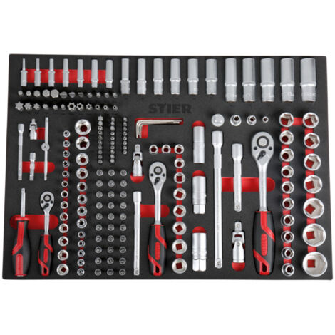 Stier – Jeu de douilles 179pcs 1/4' 3/8' 1/2' – Acier au chrome-vanadium – Cliquets réversibles 72 dents – Rangement en mousse EVA