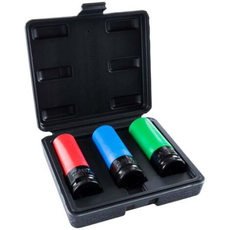 STIER Jeu de douilles puissantes 1/2" ouv. 17/19/21 mm en coffret, carré creux, six sans pâles, Jeu de douille à chocs