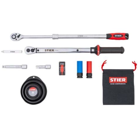 STIER Kit de montage de roue 1/2'', kit de changement de pneu, 40 - 200 Nm, 11 pièces, dans un coffret robuste, avec clé dynamométrique de haute qualité, précision de déclenchement extra élevée