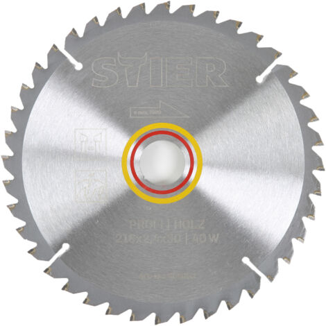STIER Kreissägeblatt Profi Holz, 216 x 2,4 x 30mm, -5° neg. Spanwinkel, 40 gehärtete Zähne, Wechselzahn