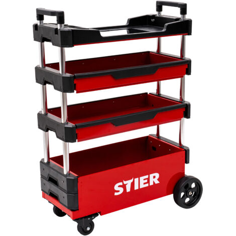 STIER Montagewagen, klappbar, 80kg Tragkraft, LxBxH 700x380x535 eingefahren, LxBxH 700x380x900mm ausgefahren, rollende Werkstatt, für Kleinteile und große Werkzeuge, Werkzeugkasten leer