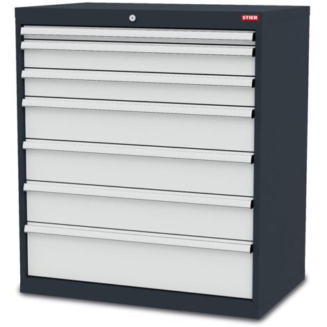 STIER Schubladenschrank aus stabiler Stahlkonstruktion und Kugelführung, 7 verzinkte Schubladen, Werkstatt / Industrie / Büro, Maße: BxTxH 900x575x1020 mm, Werkstattschrank mit glatten Seitenwänden