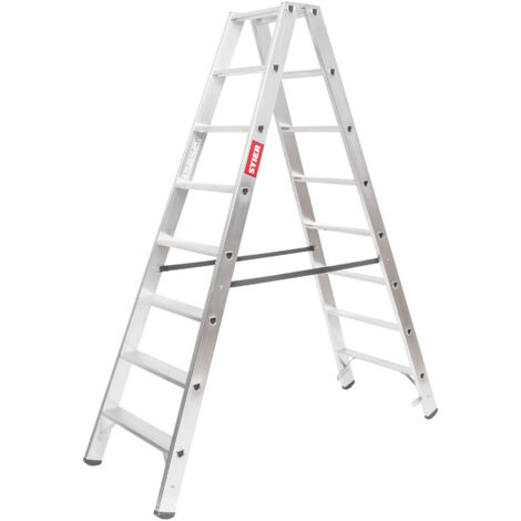 STIER Stufen Stehleiter Premium 2x8 Stufen beidseitig begehbar, Alu-Sicherheits-Stehleiter, Mehrzweckleiter, Klappleiter, Haltefläche, Arbeitsleiter rutschfest