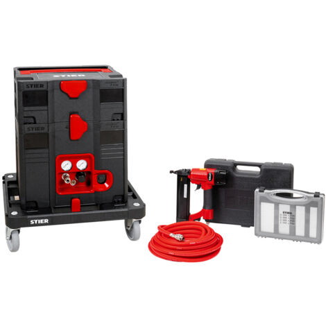 STIER Systainer-Kompressor-Set, inkl. Systainer II T-Loc, Rollbrett + Druckluftnagler und Stauchkopfnägeln, 6-teilig