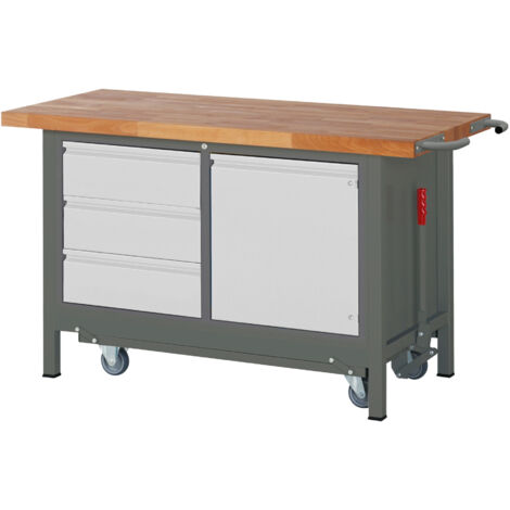 STIER Werkbank Premium mit abs. Fahrgestell, 3 Schubladen und 1 Flügeltür BxTxH 1500x700x880 mm