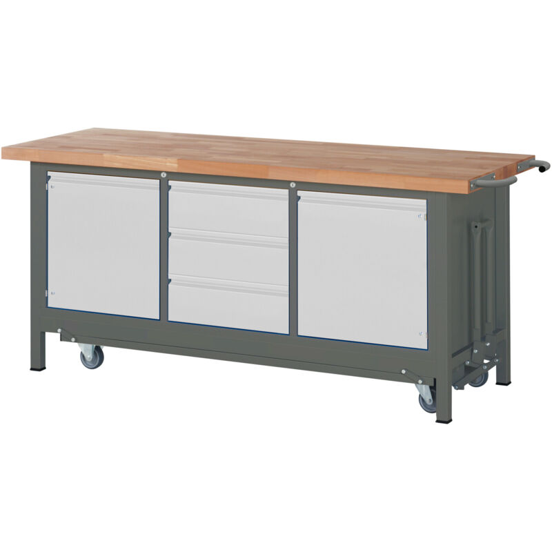 Image of Werkbank Premium mit abs. Fahrgestell, 3 Schubladen und 2 Flügeltüren BxTxH 2000x700x880mm - Stier