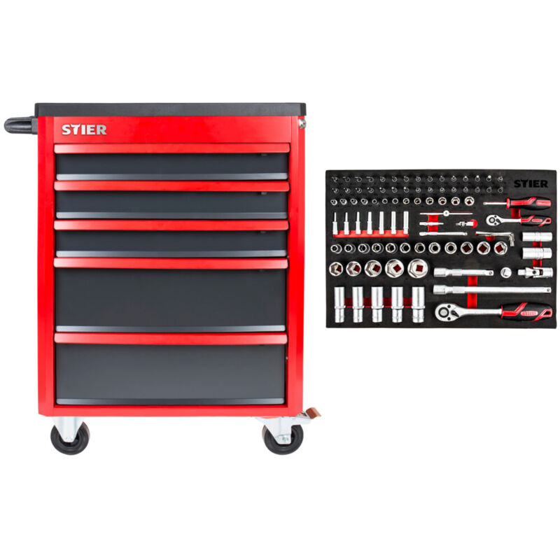 Image of STIER Werkstattwagen Basic+ bestückt 92-teilig, Werkzeugwagen gefüllt, Werkstatteinrichtung