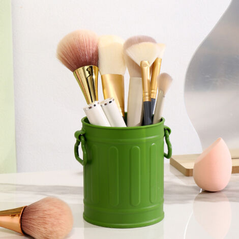 Stiftehalter und Make-up-Pinsel-Organizer – Grüner Kunststoff-Stiftehalter mit Griffen – Schreibtischbehälter für Büro, Schule oder Zuhause – Eimerform – Fassungsvermögen 9,5 x 8 cm