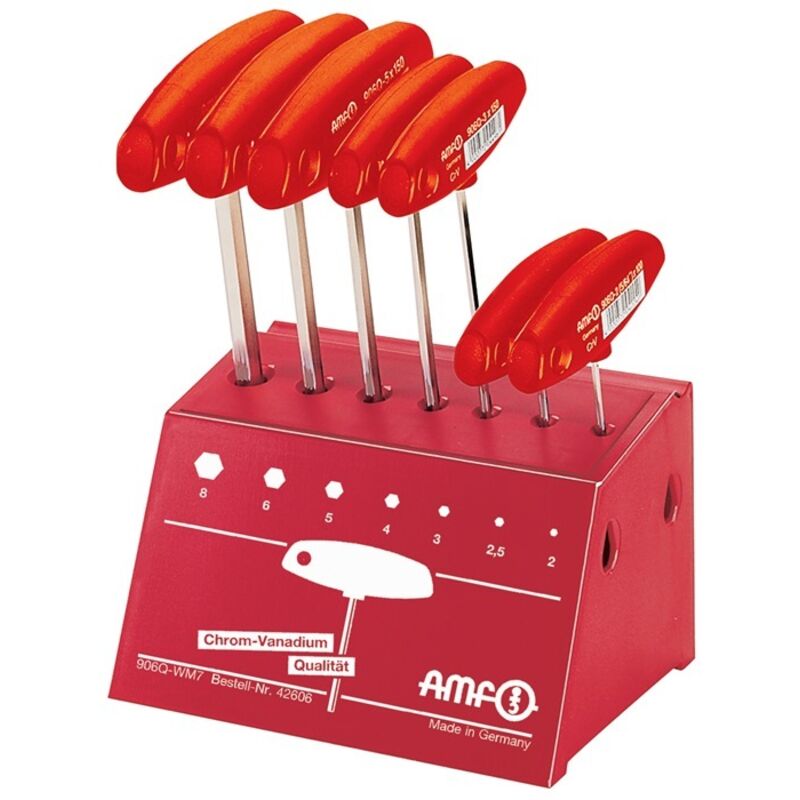 AMF - Stiftschlüsselsatz 906Q WM7 7-tlg.SW 2-8 m.Quergr.im Werkbankständer