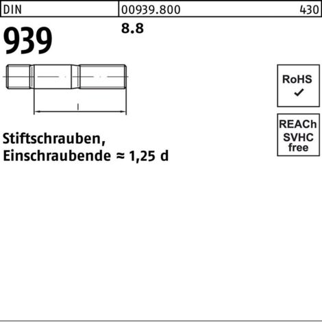 Stiftschraube DIN 939 M12x 75 8.8 Einschraubende=1,25d 25 Stück