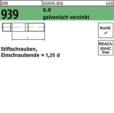 Stiftschraube DIN 939 M12x80 8.8 galv.verz. Einschraubende=1,25d 25St.