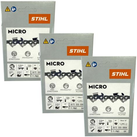 Stihl 3x 1/4" Picco Micro 3 (PM3) Sägekette 30 cm 1/4" P 1,1 mm 64 TG 3 Stück ( 3x 36700000064 )