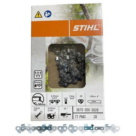 Stihl – Chaine de tronçonneuse 10 cm – Pas 1/4" – Jauge 1.1 mm – 28 dents – Coupe nette pour bois dur et teck