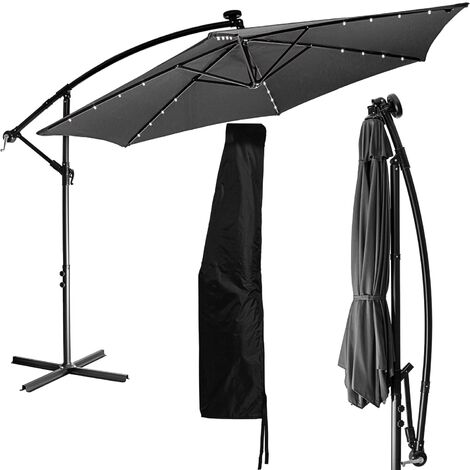 STILISTA Parapluie 300 cm avec éclairage LED et dispositif de manivelle, couverture incluse, brun