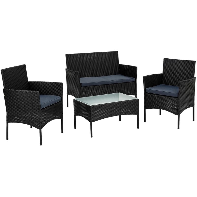 Stilista - Lounge Set 4 pièces composé d'une table avec plateau de table en verre au lait, de deux chaises et d'un banc à deux places en poly rotin,