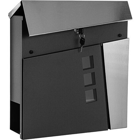 STILISTA® Boîte aux lettres murale, modèle  Austin , en métal thermolaqué et acier inoxydable, avec compartiment journal, L 37 x H 37 x P 11 cm, couleur noir