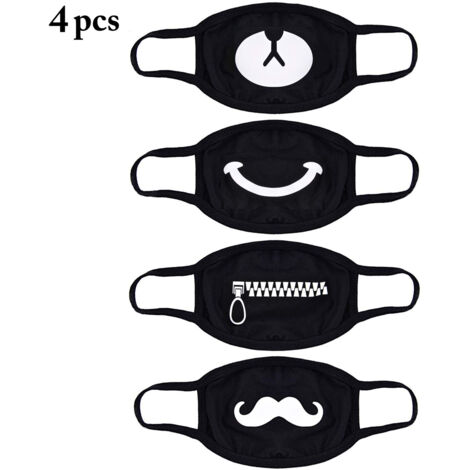 Stilvolle Gesichtsmasken mit Cartoon-Muster, 4er-Set, schwarz, niedliche Unisex-Masken in Bärenform, geeignet für Kinder, Jugendliche, Männer und Frauen. Schutzmasken.
