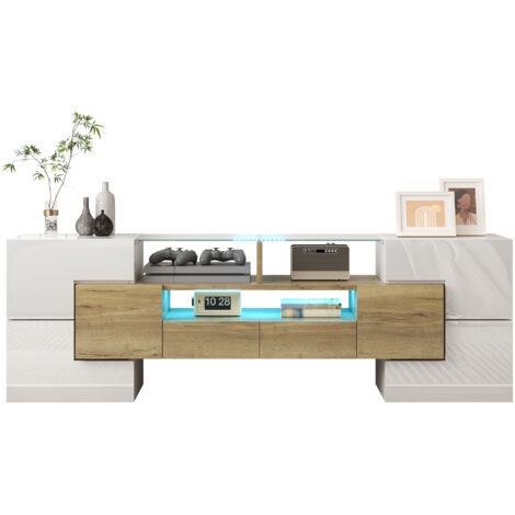 Stilvoller TV-Schrank, Lowboard. hochglänzendes Weiß, 145 cm, LED-Beleuchtung, Wohnzimmermöbel.  modernes Design. elegante Glasoberfläche.