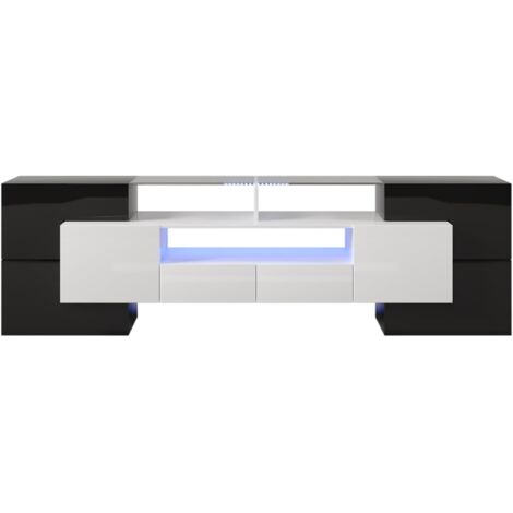 Stilvoller TV-Schrank, niedriges Panel. Hochglanz-Weiß und Schwarz, 200 cm, LED-Beleuchtung Wohnzimmermöbel. Modernes Design. Elegante Glasoberfläche