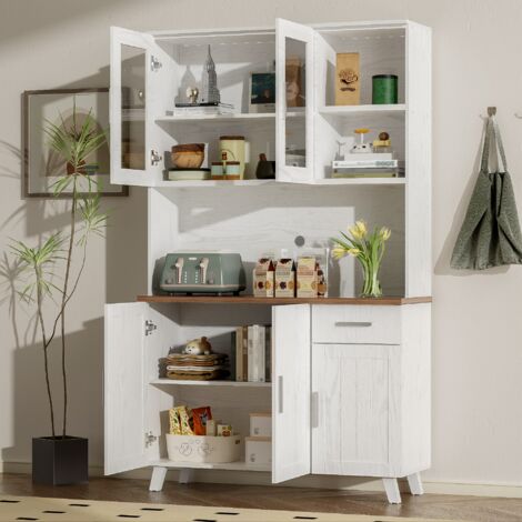 Stipo Alto 114x40x190 cm, Effetto Legno Bianco e Piano Marrone, 2 Ante in Vetro, Look Rustico