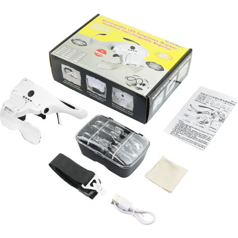 Stirnbandlupe mit LED-Licht, Kopflupe mit – 5 abnehmbaren Linsen (1,0X 1,5X 2,0X 2,5X 3,5X), für alle Präzisionsarbeiten, Lesen, Juwelier, Sticken, Nähen, Schmuck