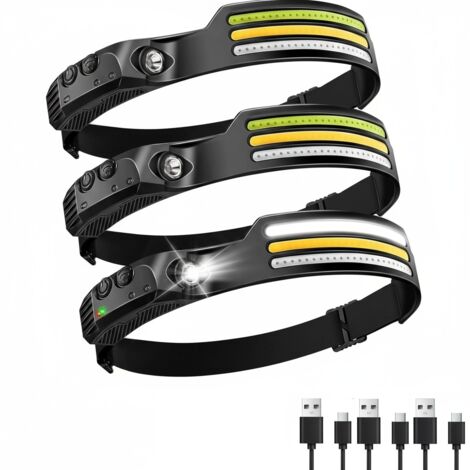 Stirnlampen-3er-Pack, wiederaufladbar, 1000 Lumen, 230° breiter Lichtkegel, superhelle Stirnlampe