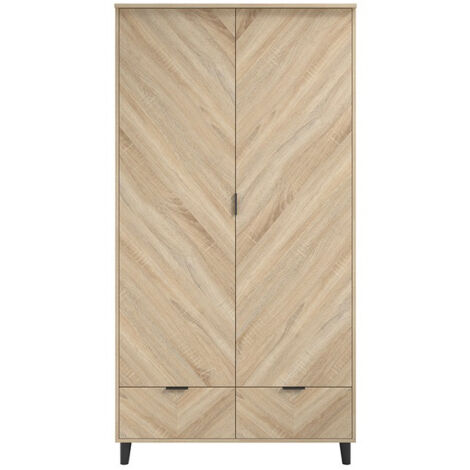 Stockholm Chevron 2 Door Wardrobe - Engineered Wood - L58 x W100 x H190 cm - Sonoma Oak/Black Matte