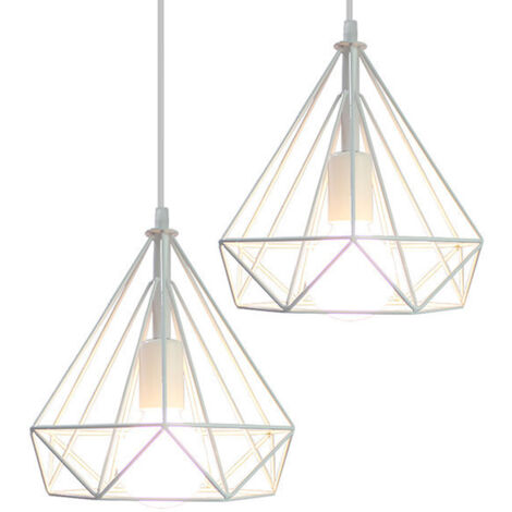 STOEX 2 pack Suspension Industrielle 25cm Lustre Abat-Jour en Fer Forme Diamant Plafonnier Luminaire Blanc