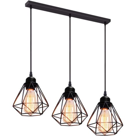 STOEX 3 Lampes Suspension Luminaire Industrielle Métal Lustre Plafonnier Style Cage Géométrique E27 Mini Lampe Suspension Vintage avec Support en Barre, Noir, Ø 16cm