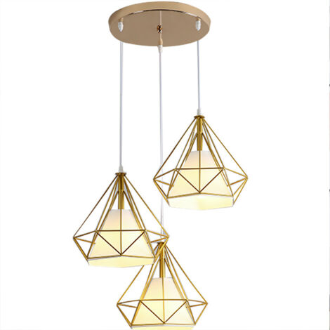 STOEX 3 Luces Industrial Lámpara de Suspensión Abajur de Jaula Diamante Lámpara Colgante E27 Redondas Base para Salón Cocina - Dorado