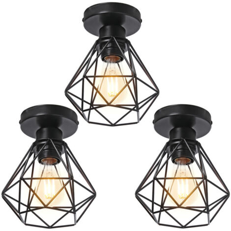 STOEX 3pcs Plafonnier Industriel en Métal, Suspension Luminaire Style Vintage Design forme Cage Diamant Rétro pour Salon Chambre Salle à manger(sans ampoule) - Noir