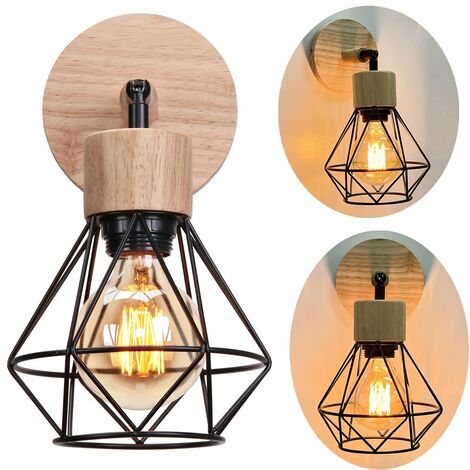 STOEX Applique Murale Intérieur Industrielle, Vintage Abat-jour Réglable Cage Diamant Luminaire Murale ou Plafonnier, E27 Métal et Bois , pour Salon, Salle à Manger, Couloir, Noir (sans ampoule)