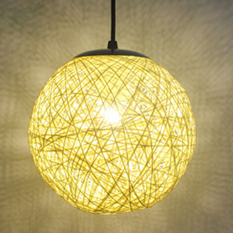 STOEX Beige Rétro Suspension Luminaire en Rotin Globe Rond 15cm , Lustre Abat-jour DIY Lampe Plafond E27 pour Salon Restaurant Centre commercial Bar