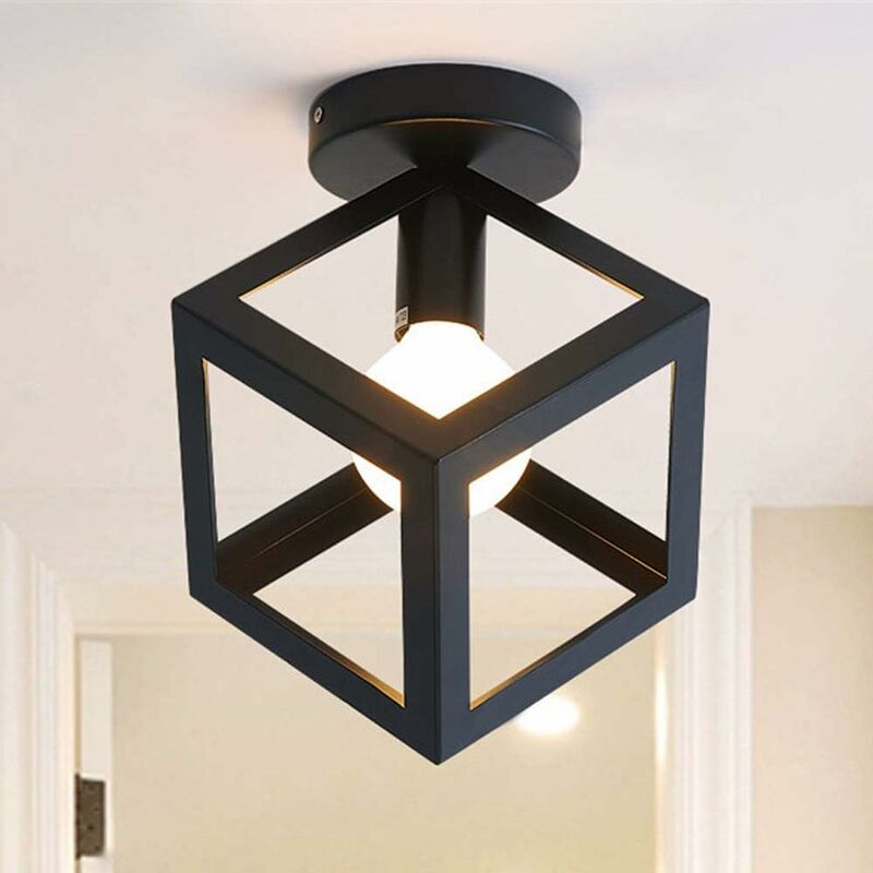 

Lámpara de Techo Cubo Jaula de Hierro Creativo Metal Lustre Simple Retro Industrial Araña Decorativa para Restaurante Bar (Negro)