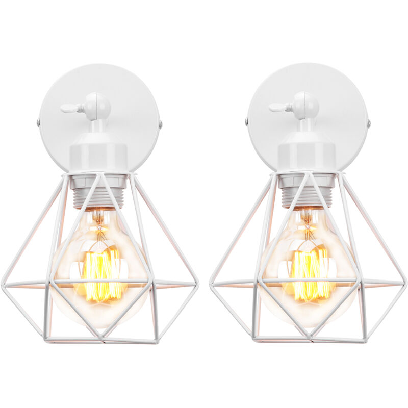Lot de 2 Applique murale interieur industrielle réglable cage forme diamant vintage E27 pour salons chambres couloir escaliers Blanc