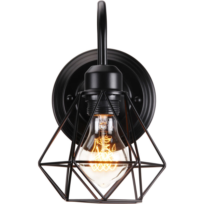 Applique Murale Intérieur Vintage Industrielle Lampe Murale E27 Luminaire Abat-jour en Métal avec Support en Bois pour Salon Couloir Bar (Noir)