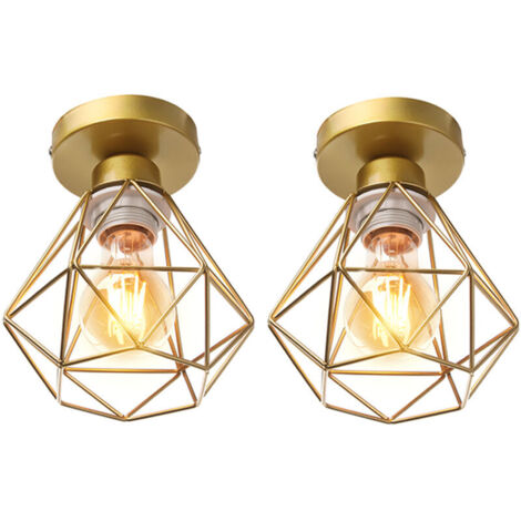 STOEX Lot de 2 Plafonnier industrielle vintage design rétro cage en métal fer forge, Suspension luminaire E27 lampe de plafond diamant Ø16cm - Doré