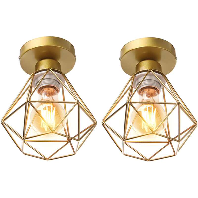 STOEX Lot de 2 Plafonnier industrielle vintage design rétro cage en métal fer forge, Suspension luminaire E27 lampe de plafond diamant Ø16cm - Doré