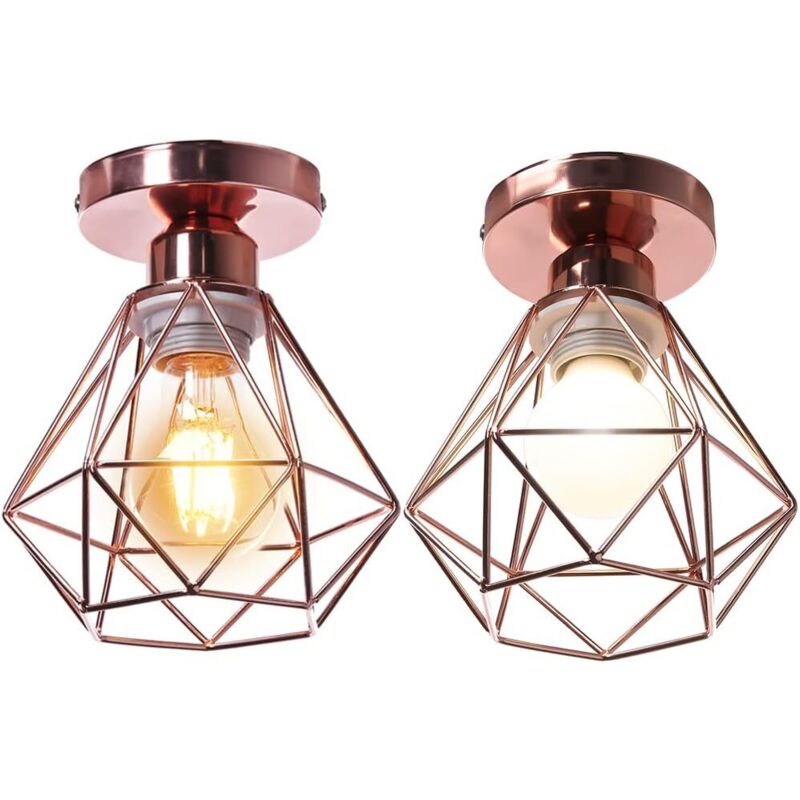 STOEX Lot de 2 Plafonnier industrielle vintage design rétro cage en métal fer forge, Suspension luminaire E27 lampe de plafond diamant Ø16cm - Or rose