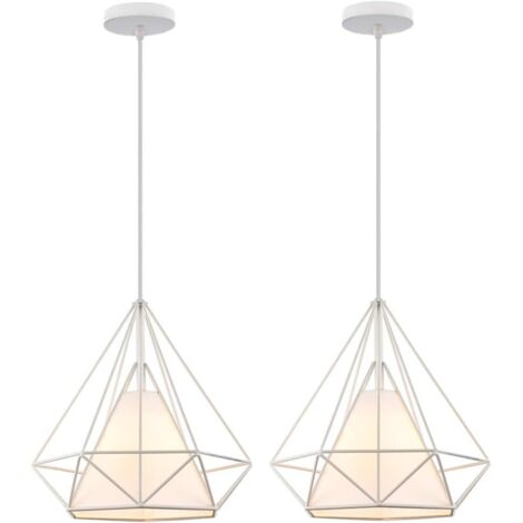 STOEX Lot de 2 vintage suspension luminaire industrielle cage forme diamant 25cm E27 rétro lustre abat jours corde ajustable - Blanc