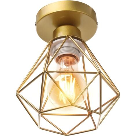 STOEX Plafonnier Industriel en Métal, Doré Suspension Luminaire Style Vintage Design forme Cage Diamant Rétro pour Salon Chambre Salle à manger (sans ampoule)