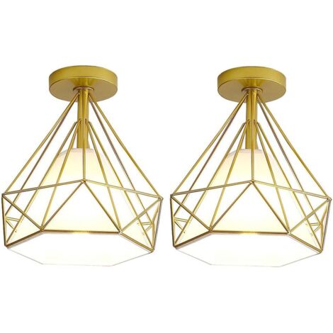 STOEX Plafonnier rétro cage forme diamant 25cm, style industriel vintage en métal fer, luminaire ampoules E27 pour salon chambre restaurent couloir bar (2pcs Doré)