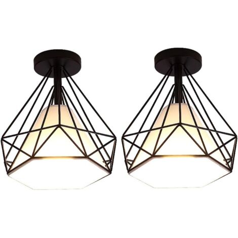 STOEX Plafonnier rétro cage forme diamant 25cm, style industriel vintage en métal fer, luminaire ampoules E27 pour salon chambre restaurent couloir bar (2pcs Noir)
