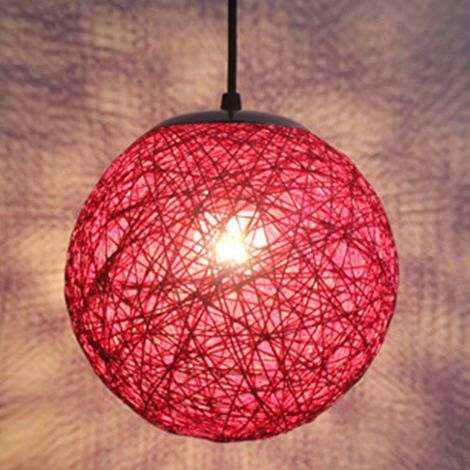 STOEX Rouge Rétro Suspension Luminaire en Rotin Globe Rond 15cm , Lustre Abat-jour DIY Lampe Plafond E27 pour Salon Restaurant Centre commercial Bar
