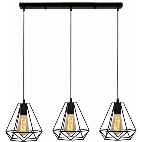 STOEX Suspension Industrielle Vintage Cage Dimant, Lampe de Plafond Barre 3 Luminaire Métal Lustre Abat-Jour E27 Noir
